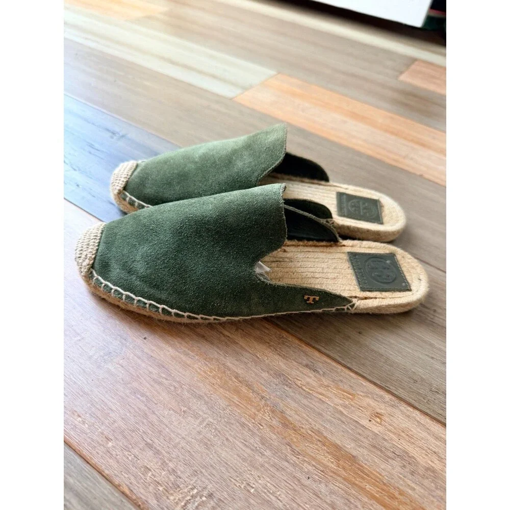 Tory Burch Olive Green Suede Espadrille Mules Slide Sandals Flat Shoes Size 8